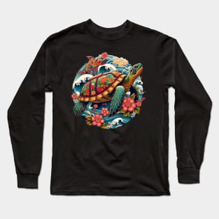 Flower Waves Floral Art Traditional Japanese Turtle Long Sleeve T-Shirt